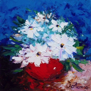 Red Vase and Daisies 12x12